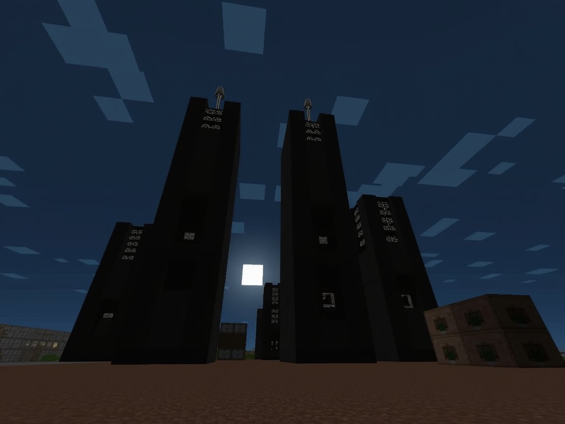 night, dark blue sky with blurry white clouds, full moon, black rectangular skyscrapers with small windows in which white light is visible, metal superstructures are visible at the tops of skyscrapers, brown cubes and a few gray cubes are visible at the base of skyscrapers, the earth is brown mud or clay