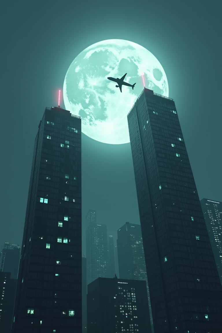 light bluish gray-light skyscrapers, sometimes with a light greenish tint, with frequent square windows, above two skyscrapers there is a red diode warning aircraft; with a dark gray sky and a clear gray sky illuminated by a bright white-blue moon