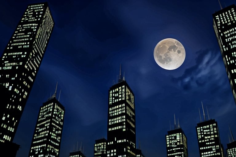 night, dark blue sky with blurry white clouds, full moon, black rectangular skyscrapers with small windows in which white light is visible, metal superstructures are visible at the tops of skyscrapers, brown cubes and a few gray cubes are visible at the base of skyscrapers, the earth is brown mud or clay,