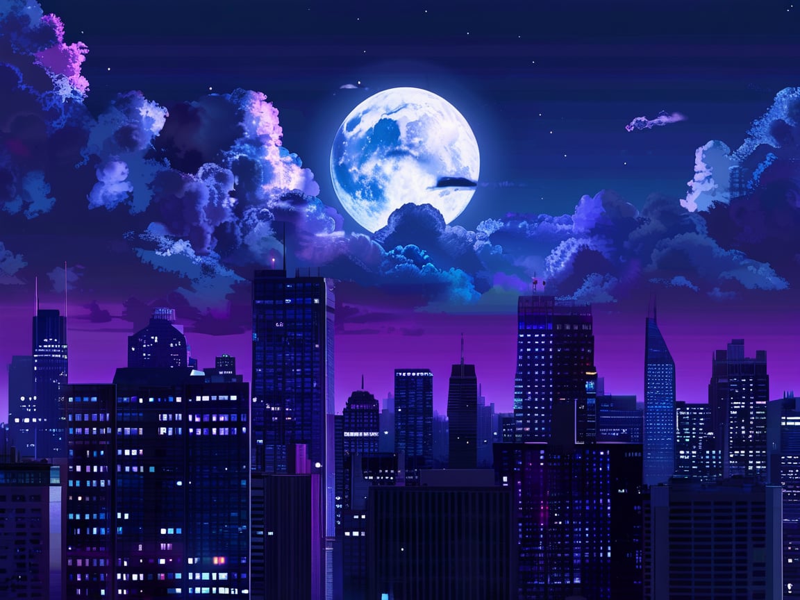 night, cloud lumened by city, bright moon, dark-gray-purple sky; sky scrapers square and rectangular skyscrapers with white frequent square windows, shades of skyscraper windows: dark blue, dark turquoise. The roofs of skyscrapers from dark squares or illuminated with a dim blue border,