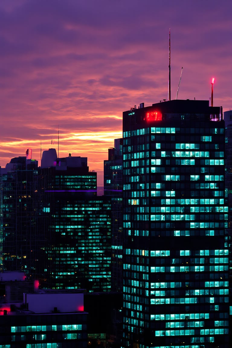 dark orange clouds illuminated by the city, purple sky, square and rectangular skyscrapers with white frequent square windows, shades of skyscraper windows light green, blue, dark blue, dark turquoise. The roofs of skyscrapers from dark squares to squares are illuminated with a dim blue square border, some skyscrapers are topped with red lights in the corners, and a red diode is installed above one skyscraper to warn airplanes.