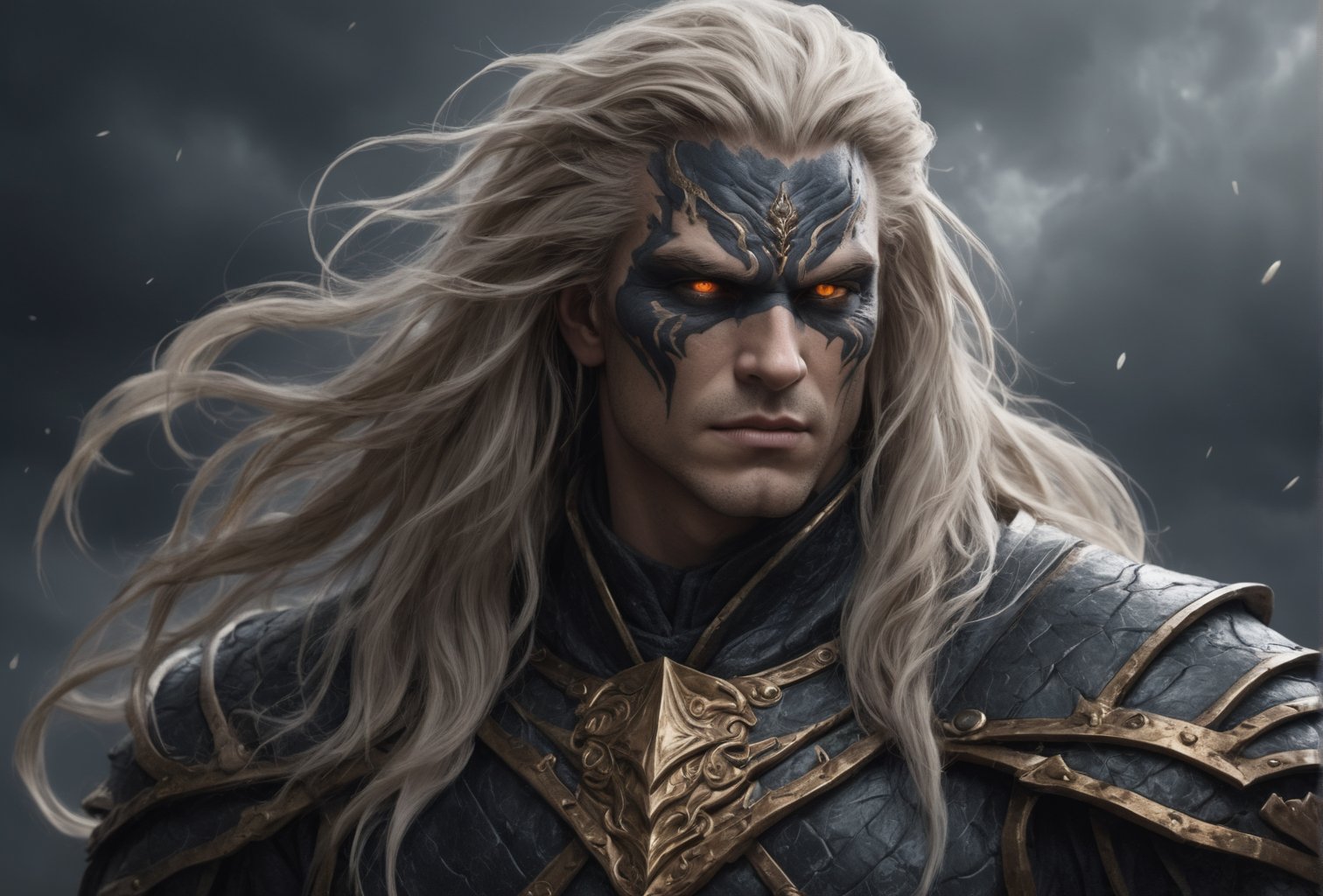 Create a portrait of the main antagonist of the demigod, he has long, flowing hair the color of storm clouds, serpentine creature with scales as black as night, glowing eyes like lightning, and razor-sharp teeth. </br> It is impossible to tell its age or gender as it is a mythological creature. 
Style of Medieval fantasy warrior art by Luis Royo. tan, black, tan, blanchedalmond colors. 8K HD.