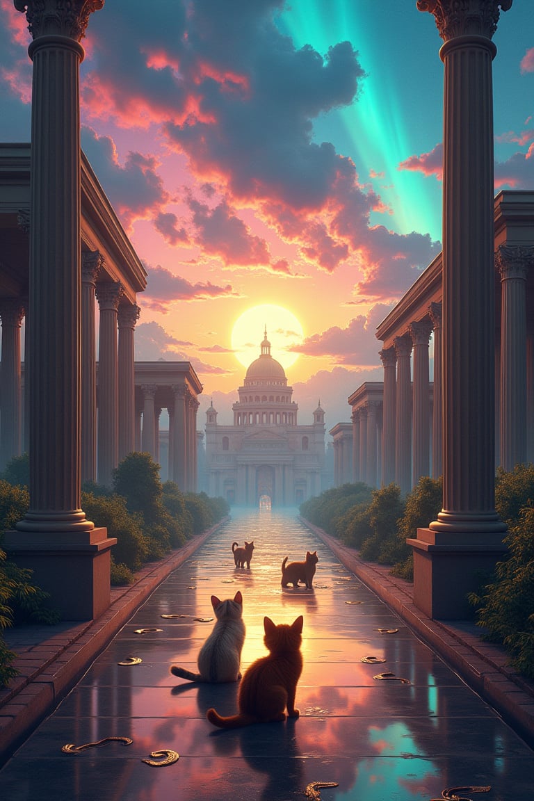 painting of A sky filled with a vibrant aurora borealis illuminating a city with grand columns while cats roam the streets and serpentine creatures swim in the oceans. Style of Cute cats and kittens with a mirror background. rosybrown, chocolate, sandybrown, darkred colors. 8K HD.