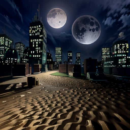 city, night, moon, sky, sand,