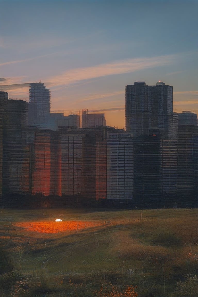 a huge hilly field covered with grass with partially clayey inclusions, green and brown boxes are visible very far away, also behind the hills narrow black skyscrapers with white windows with a yellowish tint are visible, green and brown boxes are visible far away, a dimly lit and dull black building with an orangish glow from sunset, you can see a small white bright advertisement with incomprehensible outlines, black skyscrapers with light yellow windows topped with metal structures standing right in the middle of the field reflect the light of the moon, in the distance you can see small two-story buildings with very small windows and a chimney, a little closer near the skyscrapers you can also see small two-story buildings buildings with very small windows and a chimney, not all skyscrapers are topped with metal structures, the sky on the horizon is from dark red to yellowish which sees off the departing sun, the moon is on the opposite side, the sky is soft blue topped by the moon on the opposite side of the sun, and a few stars, clouds light white very transparent barely visible,