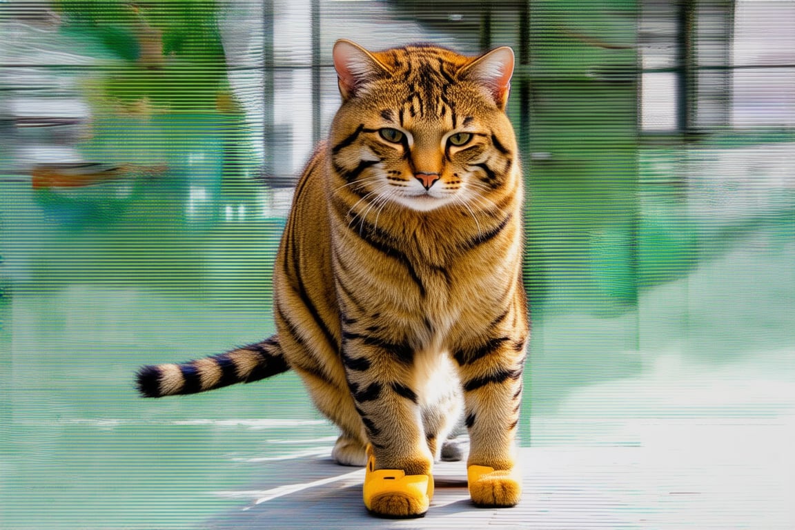 Wow, that's one majestic cat! It's almost like a tiger and a domestic cat had a super cool fusion. wearing yellow sneakers And about that '110', maybe it's part of a top-secret feline mission?