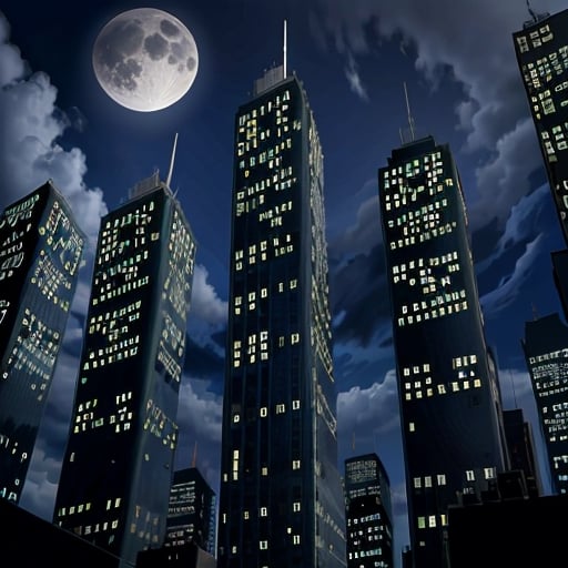 night, dark blue sky with blurry white clouds, full moon, black rectangular skyscrapers with small windows in which white light is visible, metal superstructures are visible at the tops of skyscrapers, brown cubes and a few gray cubes are visible at the base of skyscrapers, the earth is brown mud or clay,