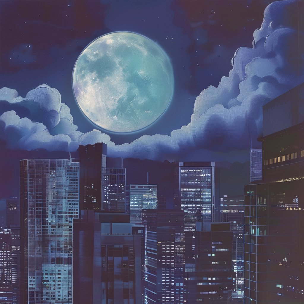 night, cloud lumened by city, bright moon, dark-gray-purple sky; sky scrapers square and rectangular skyscrapers with white frequent square windows, shades of skyscraper windows: dark blue, dark turquoise. The roofs of skyscrapers from dark squares or illuminated with a dim blue border,