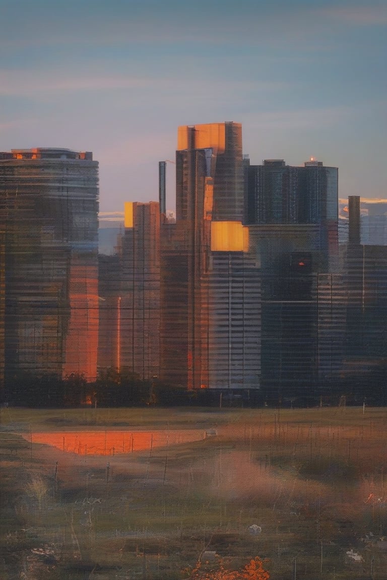 a huge hilly field covered with grass with partially clayey inclusions, green and brown boxes are visible very far away, also behind the hills narrow black skyscrapers with white windows with a yellowish tint are visible, green and brown boxes are visible far away, a dimly lit and dull black building with an orangish glow from sunset, you can see a small white bright advertisement with incomprehensible outlines, black skyscrapers with light yellow windows topped with metal structures standing right in the middle of the field reflect the light of the moon, in the distance you can see small two-story buildings with very small windows and a chimney, a little closer near the skyscrapers you can also see small two-story buildings buildings with very small windows and a chimney, not all skyscrapers are topped with metal structures, the sky on the horizon is from dark red to yellowish which sees off the departing sun, the moon is on the opposite side, the sky is soft blue topped by the moon on the opposite side of the sun, and a few stars, clouds light white very transparent barely visible,