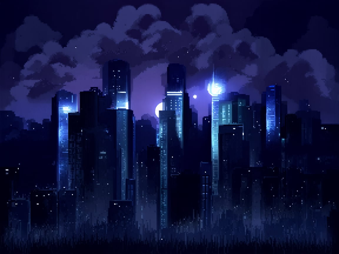 night, cloud lumened by city, bright moon, dark-gray-purple sky; sky scrapers square and rectangular skyscrapers with white frequent square windows, shades of skyscraper windows: dark blue, dark turquoise. The roofs of skyscrapers from dark squares or illuminated with a dim blue border,