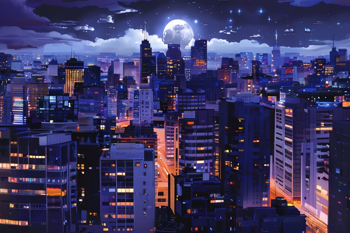 night, cloud lumened by city, bright moon, dark-gray-purple sky; sky scrapers square and rectangular skyscrapers with white frequent square windows, shades of skyscraper windows: dark blue, dark turquoise. The roofs of skyscrapers from dark squares or illuminated with a dim blue border,