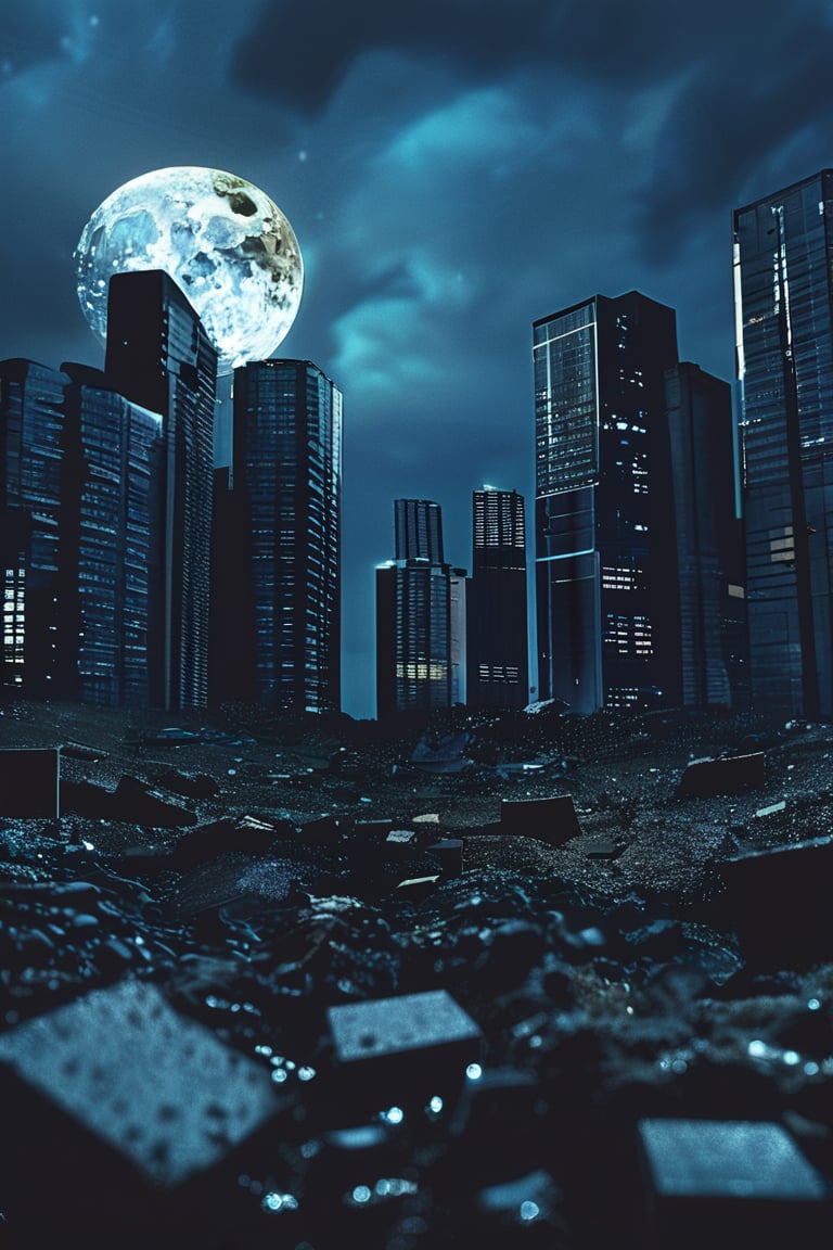 night, dark blue sky with blurry white clouds, full moon, black rectangular skyscrapers with small windows in which white light is visible, metal superstructures are visible at the tops of skyscrapers, brown cubes and a few gray cubes are visible at the base of skyscrapers, the earth is brown mud or clay