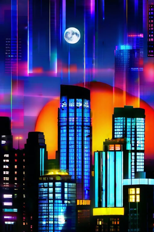 dark orange clouds illuminated by the city, purple sky,bright white moon with violet oreola, square and rectangular skyscrapers with white frequent square windows, shades of skyscraper windows light green, blue, dark blue, dark turquoise. The roofs of skyscrapers from dark squares to squares are illuminated with a dim blue square border, some skyscrapers are topped with red lights in the corners, and a red diode is installed above one skyscraper to warn airplanes.