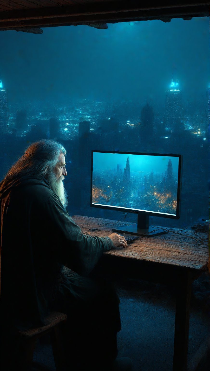 A homeless person who sits at a wooden table in front of a square black monitor and it generates images of a futuristic city, there is a dark system unit on the floor, he has long gray hair with a gray beard of about 55 years old, he is dressed in a dark brown wizard's cape, the environment is a typical homeless person's home, a semi-dump, in the open wall you can see a bright futuristic night city.