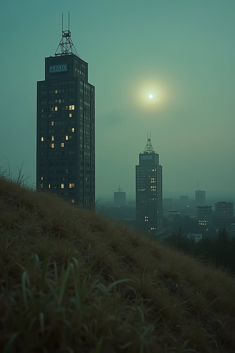 a huge hilly field covered with grass with partially clayey inclusions, green and brown boxes are visible very far away, also behind the hills narrow black skyscrapers with white windows with a yellowish tint are visible, green and brown boxes are visible far away, a dimly lit and dull black building with an orangish glow from sunset, you can see a small white bright advertisement with incomprehensible outlines, black skyscrapers with light yellow windows topped with metal structures standing right in the middle of the field reflect the light of the moon, in the distance you can see small two-story buildings with very small windows and a chimney, a little closer near the skyscrapers you can also see small two-story buildings buildings with very small windows and a chimney, not all skyscrapers are topped with metal structures, the sky on the horizon is from dark red to yellowish which sees off the departing sun, the moon is on the opposite side, the sky is soft blue topped by the moon on the opposite side of the sun, and a few stars, clouds light white very transparent barely visible,