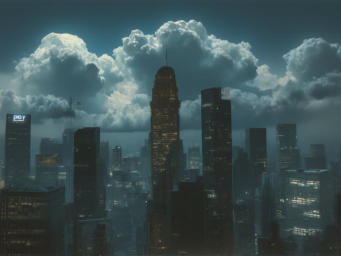 night, cloud lumened by city, bright moon, dark-green sky; sky scrapers square and rectangular skyscrapers with white frequent square windows, shades of skyscraper windows: dark green, dark turquoise. The roofs of skyscrapers from dark squares or illuminated with a dim blue border,