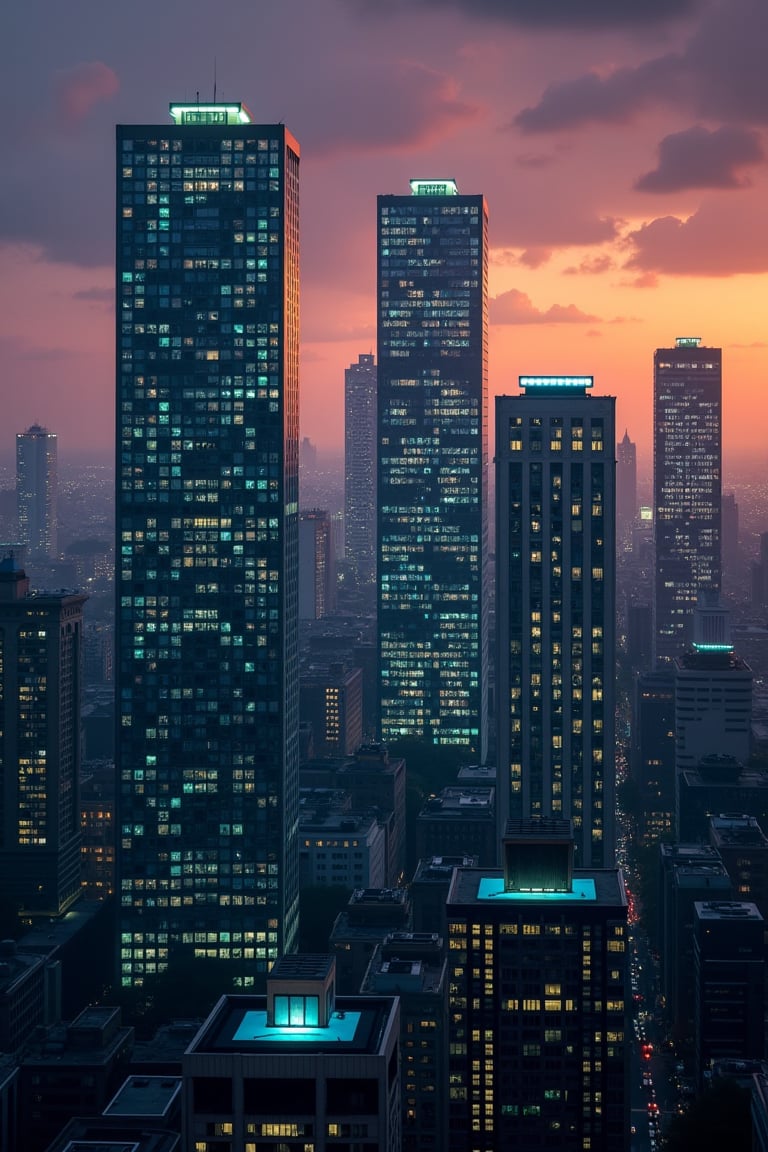 dark orange clouds illuminated by the city, purple sky, square and rectangular skyscrapers with white frequent square windows, shades of skyscraper windows light green, blue, dark blue, dark turquoise. The roofs of skyscrapers from dark squares to squares are illuminated with a dim blue square border, some skyscrapers are topped with diodes.