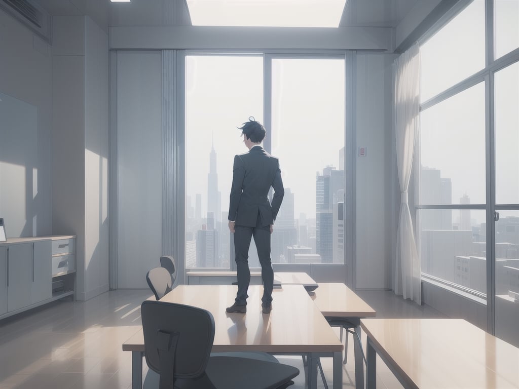 highly detailed photorealistic 3d image of noir style detective standing in office thinking about case, around table with compter led display, night. sky scrapers with white frequent square windows, shades of skyscraper windows are light green, light blue, dark blue, dark turquoise. The roofs of skyscrapers are dark squares or illuminated with a dim blue border seen throught small window with blinds. cinematic lighting, background full sharp, hdr, octane render, unreal engine 5,