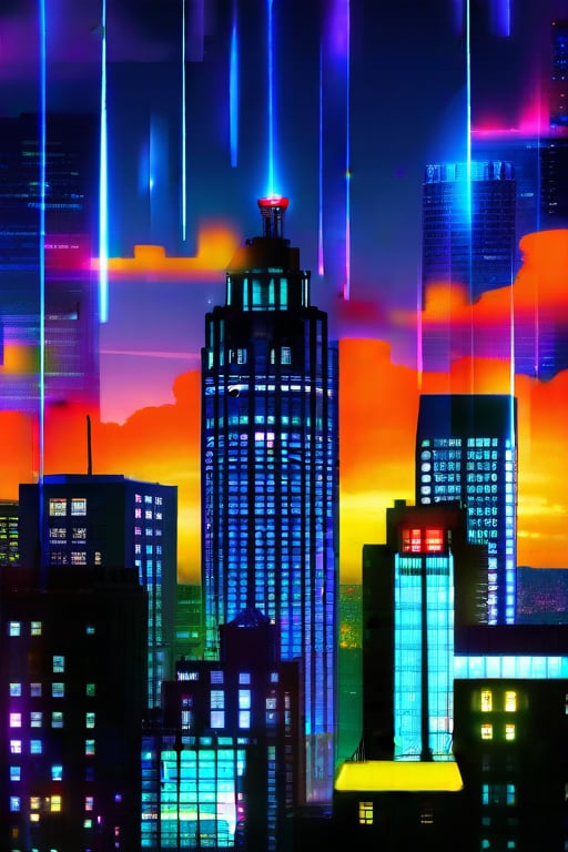 dark orange clouds illuminated by the city, purple sky, square and rectangular skyscrapers with white frequent square windows, shades of skyscraper windows light green, blue, dark blue, dark turquoise. The roofs of skyscrapers from dark squares to squares are illuminated with a dim blue square border, some skyscrapers are topped with red lights in the corners, and a red diode is installed above one skyscraper to warn airplanes.