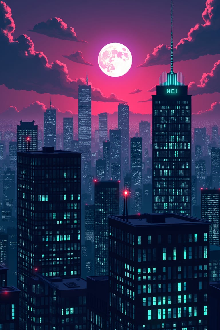 dark orange clouds illuminated by the city, purple sky,bright white moon with violet oreola, square and rectangular skyscrapers with white frequent square windows, shades of skyscraper windows light green, blue, dark blue, dark turquoise. The roofs of skyscrapers from dark squares to squares are illuminated with a dim blue square border, some skyscrapers are topped with red lights in the corners, and a red diode is installed above one skyscraper to warn airplanes.