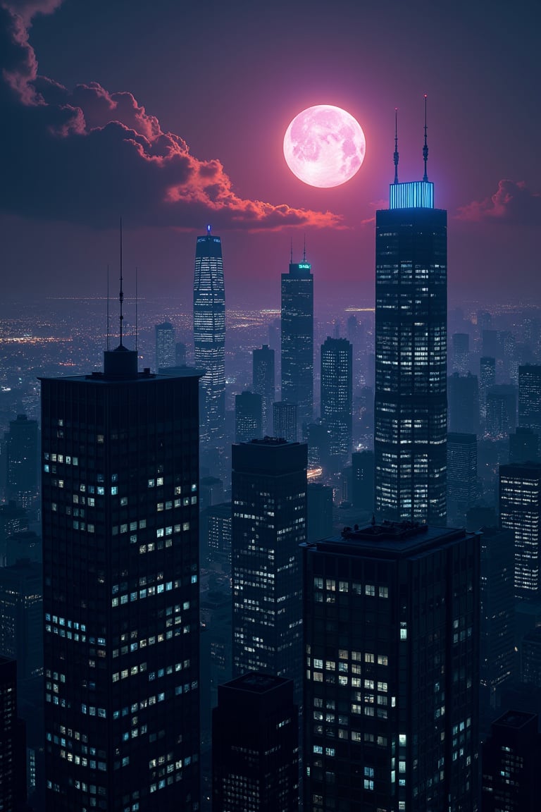 night, dark-orange cloud lumened by city, bright white  moon with purple oreola, dark-gray-purple sky; sky scrapers square and rectangular skyscrapers with white frequent square windows, shades of skyscraper windows: dark blue, dark turquoise. The roofs of skyscrapers from dark squares or illuminated with a dim blue border,