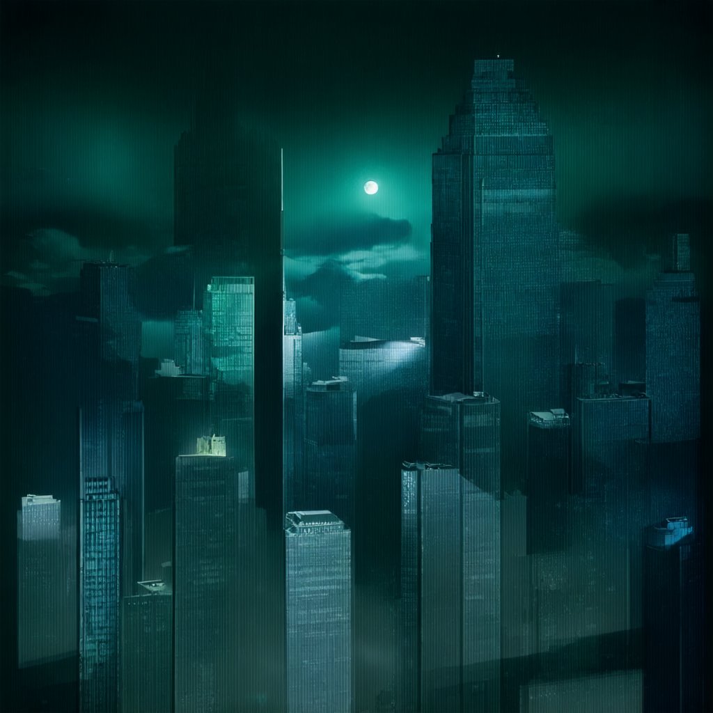 night, cloud lumened by city, bright moon, dark-green sky; sky scrapers square and rectangular skyscrapers with white frequent square windows, shades of skyscraper windows: dark green, dark turquoise. The roofs of skyscrapers from dark squares or illuminated with a dim blue border,