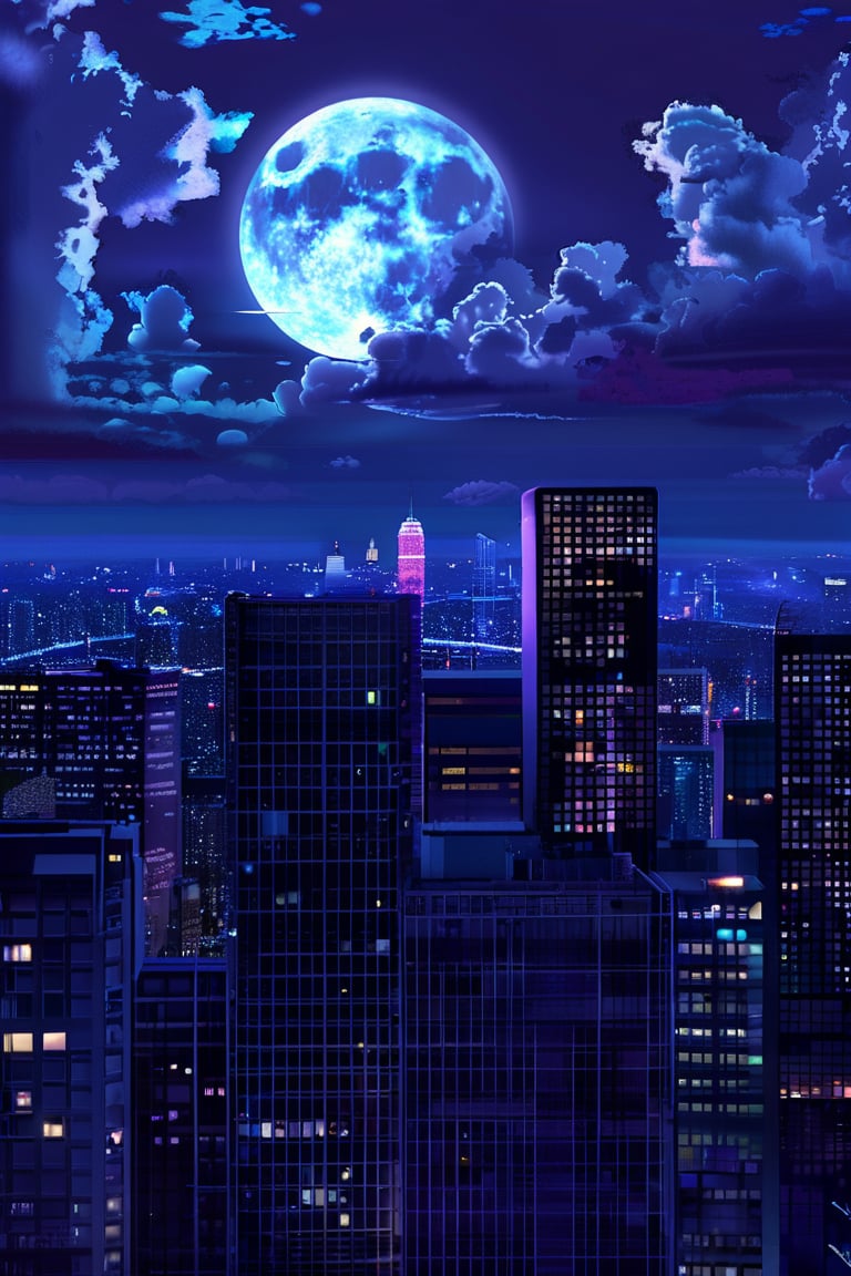 night, cloud lumened by city, bright moon, dark-gray-purple sky; sky scrapers square and rectangular skyscrapers with white frequent square windows, shades of skyscraper windows: dark blue, dark turquoise. The roofs of skyscrapers from dark squares or illuminated with a dim blue border,