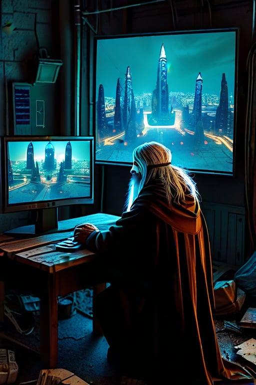 A homeless person who sits at a wooden table in front of a square black monitor and it generates images of a futuristic city, there is a dark system unit on the floor, he has long gray hair with a gray beard of about 55 years old, he is dressed in a dark brown wizard's cape, the environment is a typical homeless person's home, a semi-dump, in the open wall you can see a bright futuristic night city.