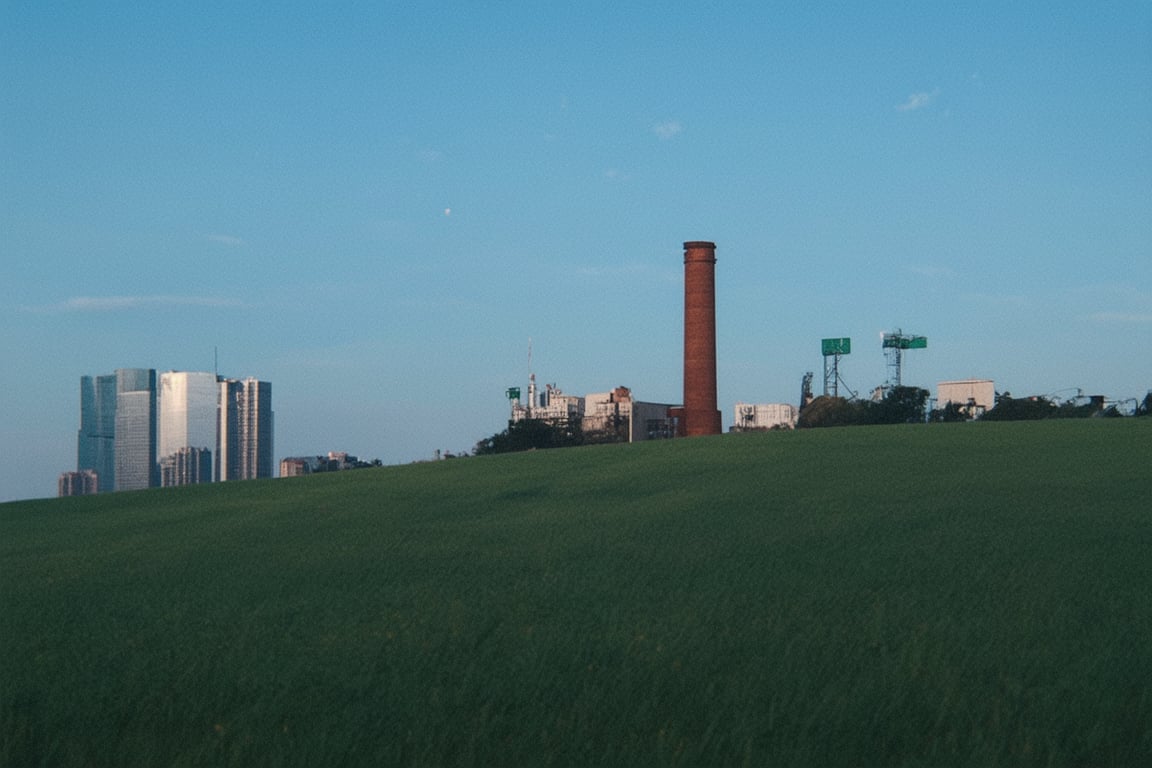 a huge hilly field covered with grass with partially clayey inclusions, green and brown boxes are visible very far away, also behind the hills narrow black skyscrapers with white windows with a yellowish tint are visible, green and brown boxes are visible far away, a dimly lit and dull black building with an orangish glow from sunset, you can see a small white bright advertisement with incomprehensible outlines, black skyscrapers with light yellow windows topped with metal structures standing right in the middle of the field reflect the light of the moon, in the distance you can see small two-story buildings with very small windows and a chimney, a little closer near the skyscrapers you can also see small two-story buildings buildings with very small windows and a chimney, not all skyscrapers are topped with metal structures, the sky on the horizon is from dark red to yellowish which sees off the departing sun, the moon is on the opposite side, the sky is soft blue topped by the moon on the opposite side of the sun, and a few stars, clouds light white very transparent barely visible,