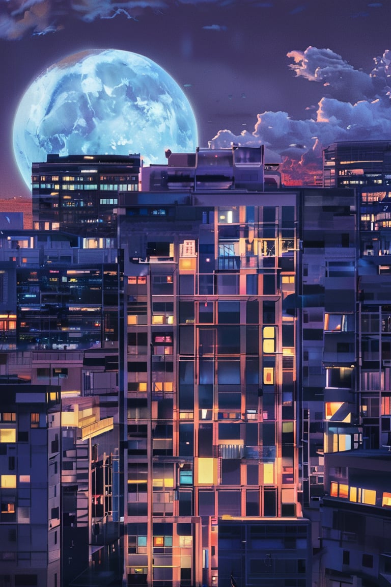 night, cloud lumened by city, bright moon, dark-gray-purple sky; sky scrapers square and rectangular skyscrapers with white frequent square windows, shades of skyscraper windows: dark blue, dark turquoise. The roofs of skyscrapers from dark squares or illuminated with a dim blue border,