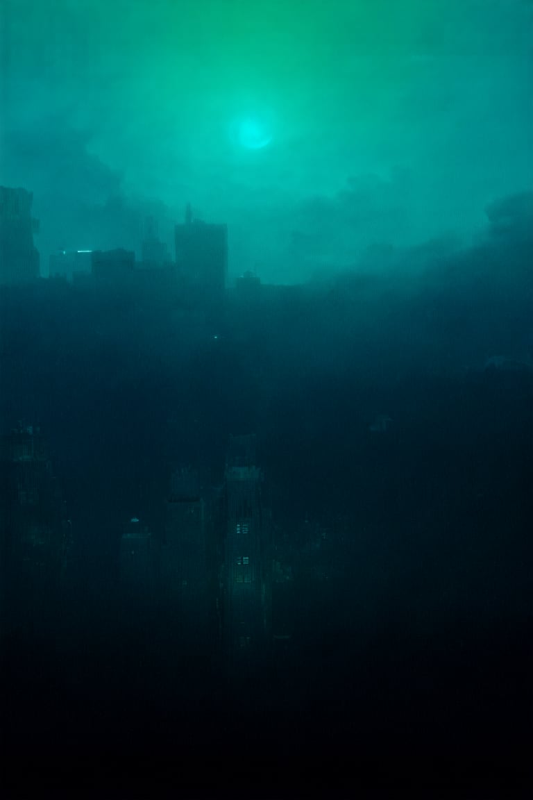 night, cloud lumened by city, bright moon, dark-green sky; sky scrapers square and rectangular skyscrapers with white frequent square windows, shades of skyscraper windows: dark green, dark turquoise. The roofs of skyscrapers from dark squares or illuminated with a dim blue border,