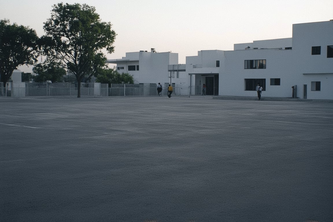 a huge empty asphalt square in the distance one can see massive but not tall rectangular white buildings with narrow black windows, nearby there are smaller rectangular buildings made of brick with square windows and a concrete canopy on the roof, next to them there are not tall trees, a white rectangular building with white edging and large windows, near the buildings you can also see small brick extensions without windows, just in the distance and as if in miniature you can see rectangular buildings with wide large rectangular black windows and white buildings lower but wide with very small black square windows, next to different rare trees are visible behind the buildings, behind all the buildings the yellow sun rises, but it does not dazzle and seems to be in a haze, but all this is as if in the distance and creates the opportunity to examine it all as a whole, and the viewer stands in the middle of perfectly smooth asphalt