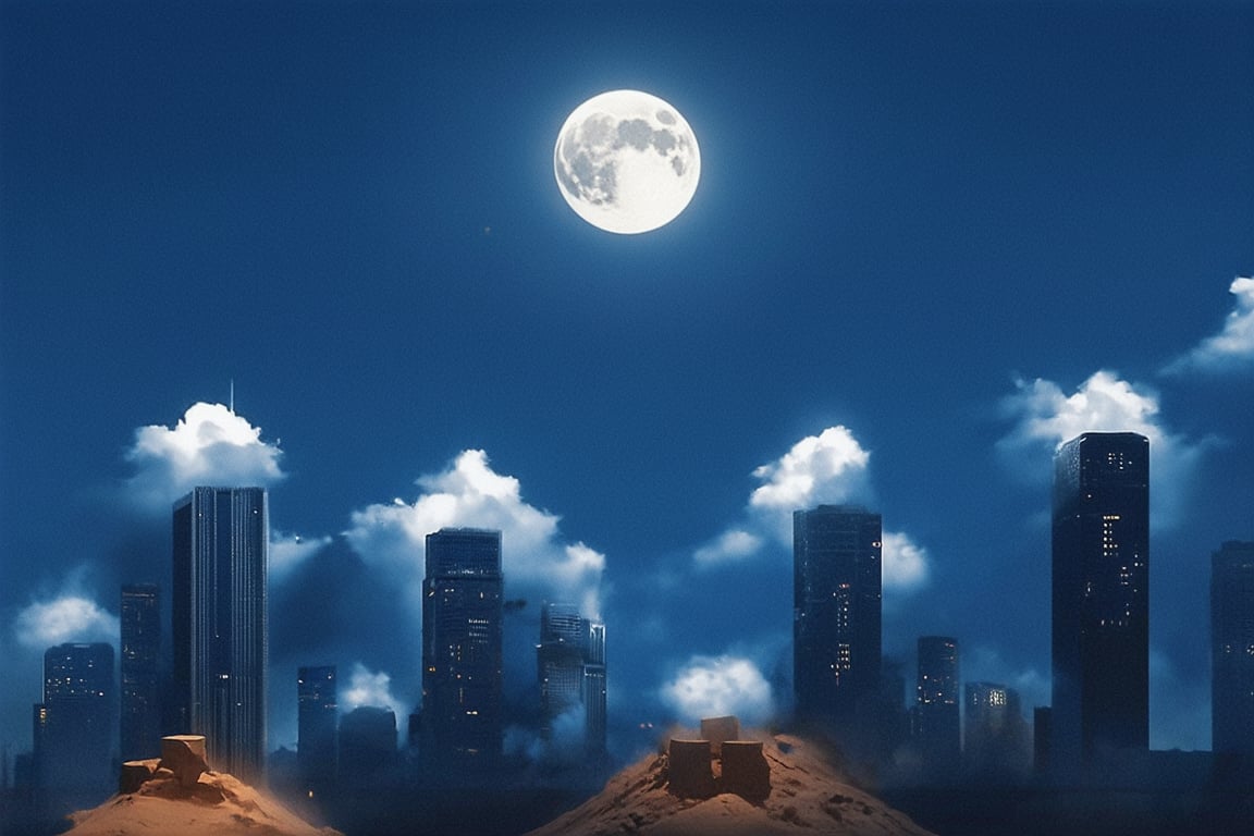 night, dark blue sky with blurry white clouds, full moon, black rectangular skyscrapers with small windows in which white light is visible, metal superstructures are visible at the tops of skyscrapers, brown cubes and a few gray cubes are visible at the base of skyscrapers, the earth is brown mud or clay