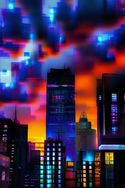 dark orange clouds illuminated by the city, purple sky, square and rectangular skyscrapers with white frequent square windows, shades of skyscraper windows light green, blue, dark blue, dark turquoise. The roofs of skyscrapers from dark squares to squares are illuminated with a dim blue square border, some skyscrapers are topped with red lights in the corners, and a red diode is installed above one skyscraper to warn airplanes.