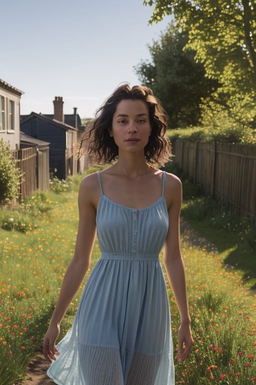 summer, a girl in a light dress with loose hair, linden alley, gentle morning sun, light breeze, blue sky, flowers, photo realism,photorealistic