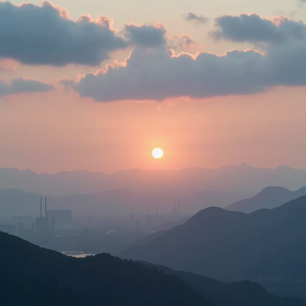 a dense layer of gray clouds illuminated in light rose color from above, a small golden sun, light gray mountains in the distance on the horizon among which power plants and industrial buildings can be seen, closer gray mountains on the horizon among which power plants and industrial buildings can be seen, black mountains on the horizon among which power plants and industrial buildings can be seen,