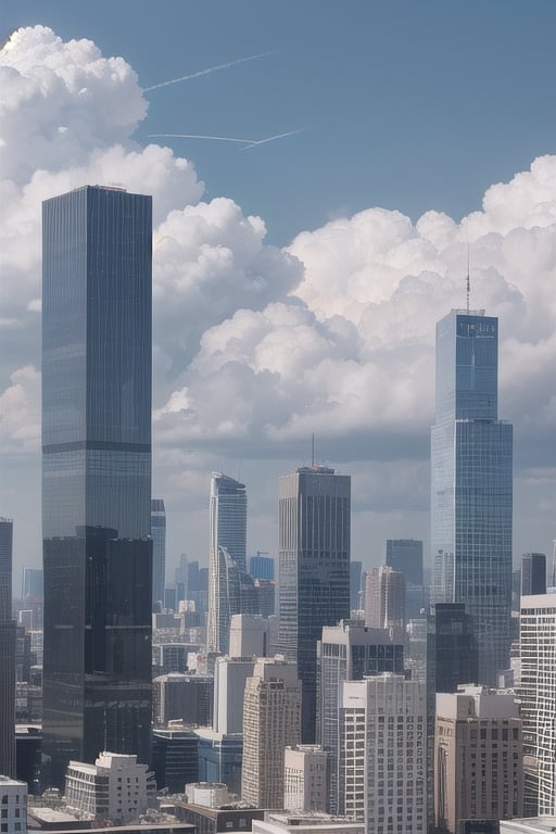 view after a thunderstorm,  light blue sky above,  high cirrus white clouds,  layer of gray stratus clouds,  medium light gray thunderclouds,  low thundery gray and steelblue clouds cityscape skyscrapers