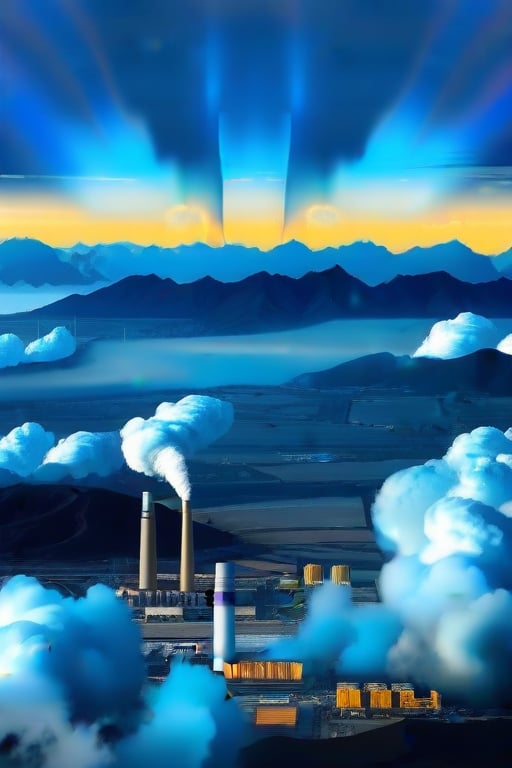 A dense layer of blue clouds illuminated in royalblue from above, a small golden sun, light gray mountains in the distance on the horizon among which power plants and industrial buildings can be seen, closer gray mountains on the horizon among which power plants and industrial buildings can be seen, black mountains on the horizon among which power plants and industrial buildings can be seen,