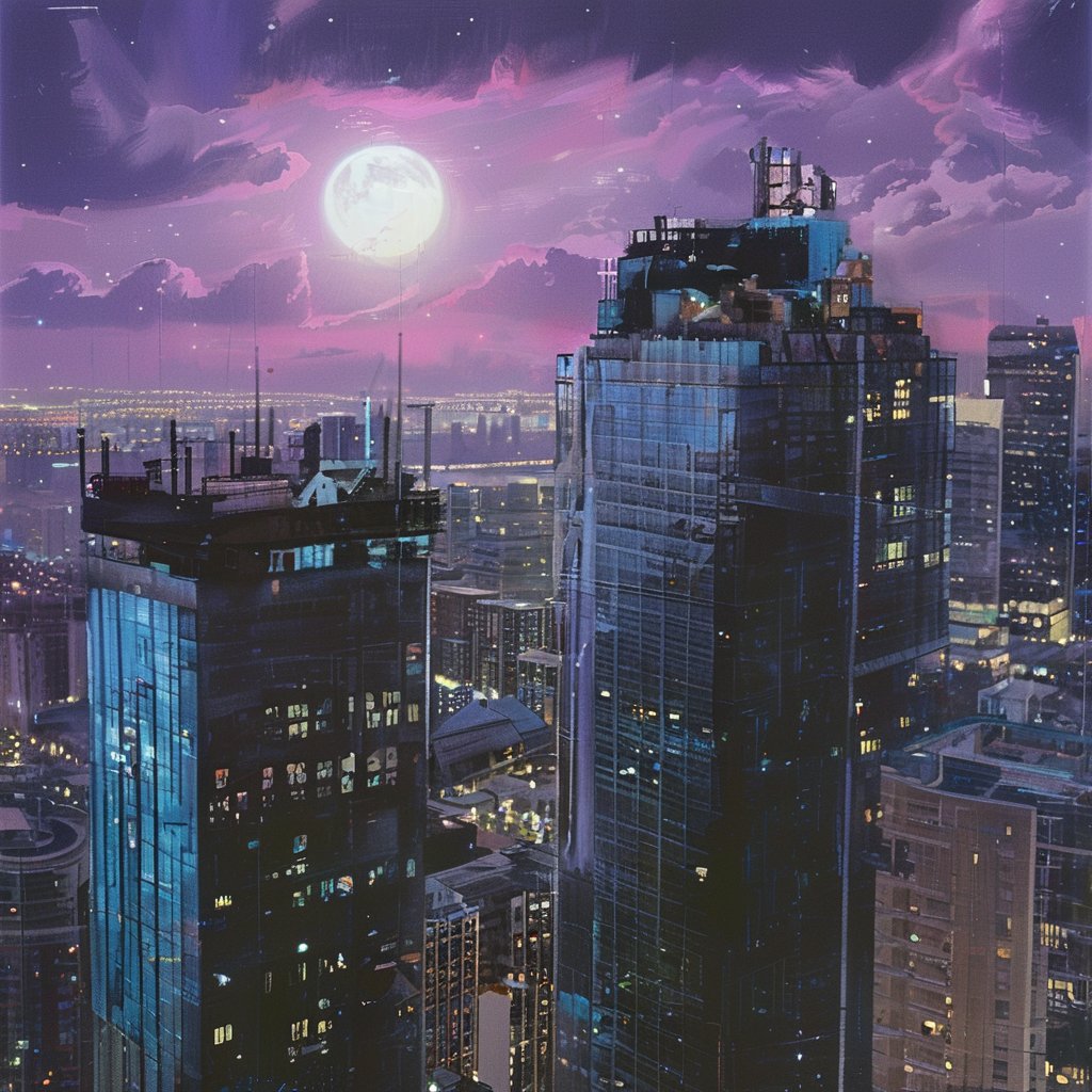 night, cloud lumened by city, bright moon, dark-gray-purple sky; sky scrapers square and rectangular skyscrapers with white frequent square windows, shades of skyscraper windows: dark blue, dark turquoise. The roofs of skyscrapers from dark squares or illuminated with a dim blue border,