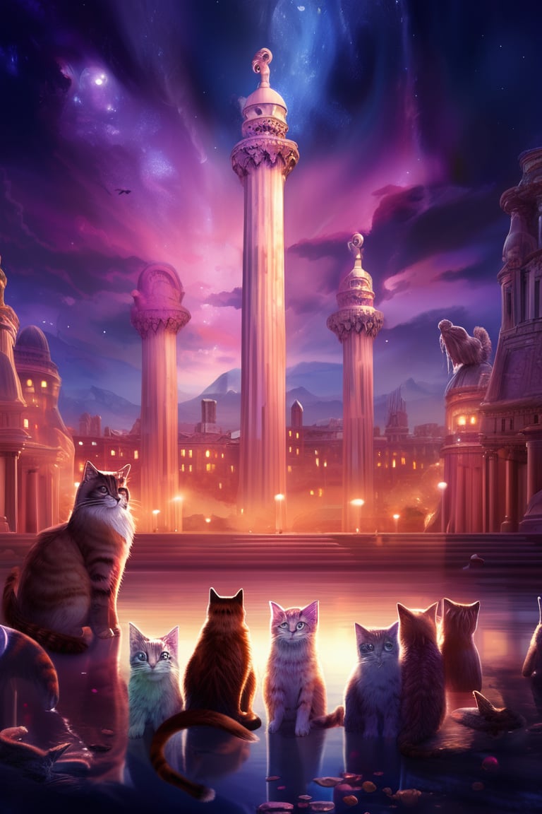 painting of A sky filled with a vibrant aurora borealis illuminating a city with grand columns while cats roam the streets and serpentine creatures swim in the oceans. Style of Cute cats and kittens with a mirror background. rosybrown, chocolate, sandybrown, darkred colors. 8K HD.