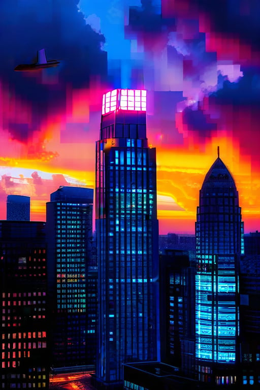 dark orange clouds illuminated by the city, purple sky, square and rectangular skyscrapers with white frequent square windows, shades of skyscraper windows light green, blue, dark blue, dark turquoise. The roofs of skyscrapers from dark squares to squares are illuminated with a dim blue square border, some skyscrapers are topped with red lights in the corners, and a red diode is installed above one skyscraper to warn airplanes.