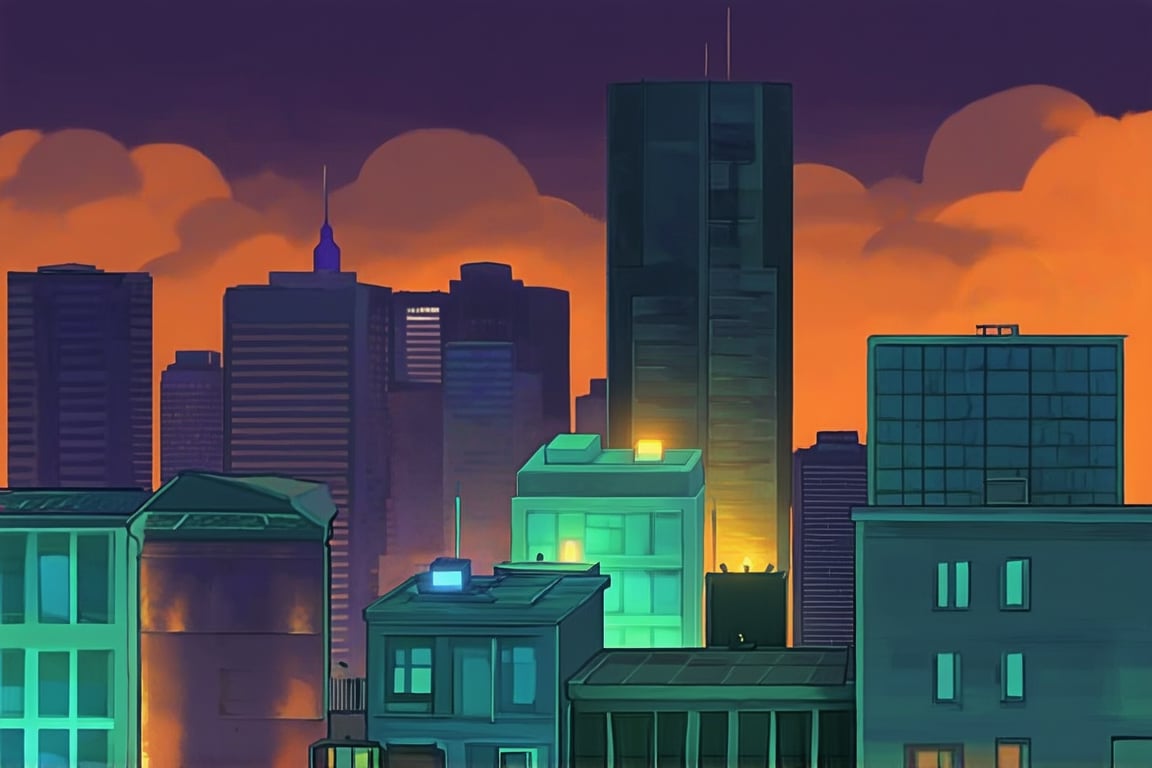 dark orange clouds illuminated by the city, purple sky, square and rectangular skyscrapers with white frequent square windows, shades of skyscraper windows light green, blue, dark blue, dark turquoise. The roofs of skyscrapers from dark squares to squares are illuminated with a dim blue square border, some skyscrapers are topped with diodes.