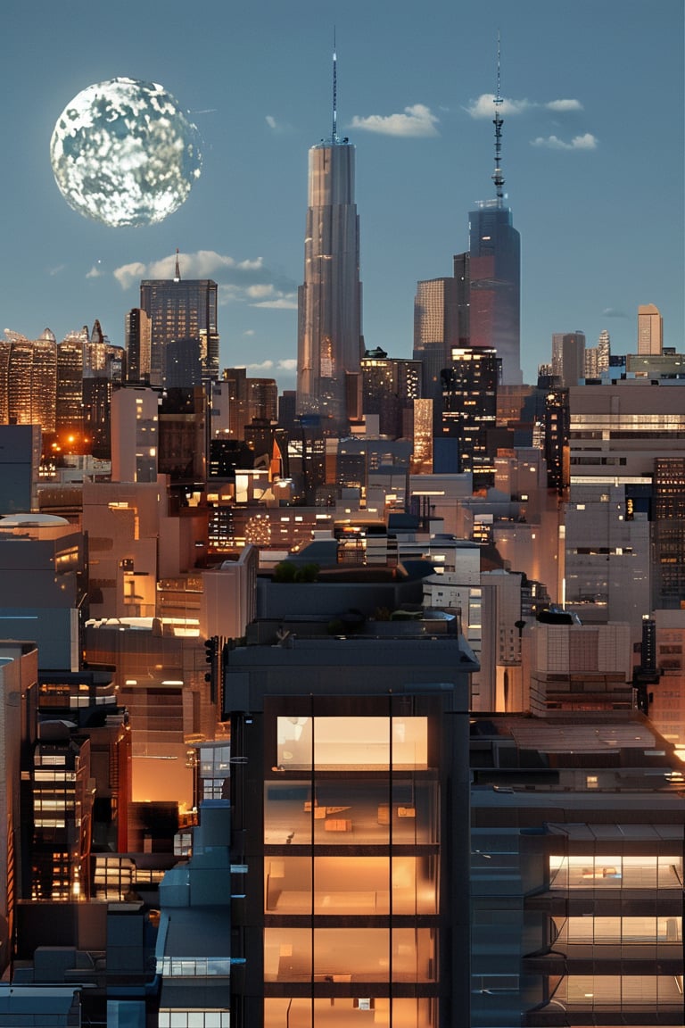 night, dark blue sky with blurry white clouds, full moon, black rectangular skyscrapers with small windows in which white light is visible, metal superstructures are visible at the tops of skyscrapers, brown cubes and a few gray cubes are visible at the base of skyscrapers, the earth is brown mud or clay