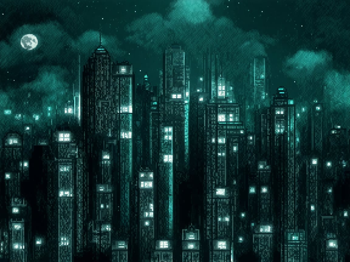 night, cloud lumened by city, bright moon, dark-green sky; sky scrapers square and rectangular skyscrapers with white frequent square windows, shades of skyscraper windows: dark green, dark turquoise. The roofs of skyscrapers from dark squares or illuminated with a dim blue border,