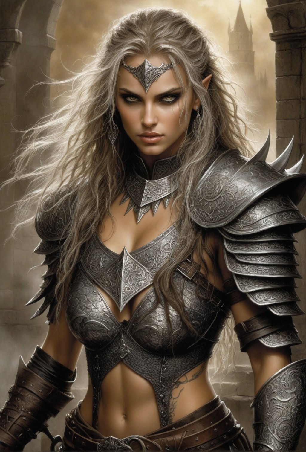 Create a portrait painting of the main antagonist of the demigod, serpentine creature with scales as black as night, glowing eyes like lightning, and razor-sharp teeth. </br> It is impossible to tell its age or gender as it is a mythological creature. Style of Medieval fantasy warrior art by Luis Royo. tan, black, tan, blanchedalmond colors. 8K HD.