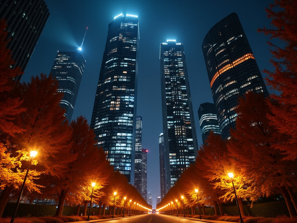 Night, autumn, skyscrapers with orange windows, lanterns highlight the golden foliage of the trees and are reflected in the glass of the skyscrapers