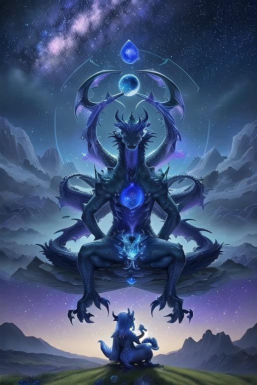 Tarot card, night, royal blue sky with stars and milky way, light azure clouds close to horizon, an awe-inspiring, artwork of the majestic light purple Dragon, this masterpiece showcases the power and mystique of the dragon in a mesmerizing, otherworldly setting. Young elf sitting around dragon and look to horizon, landscape is brushed green grass,