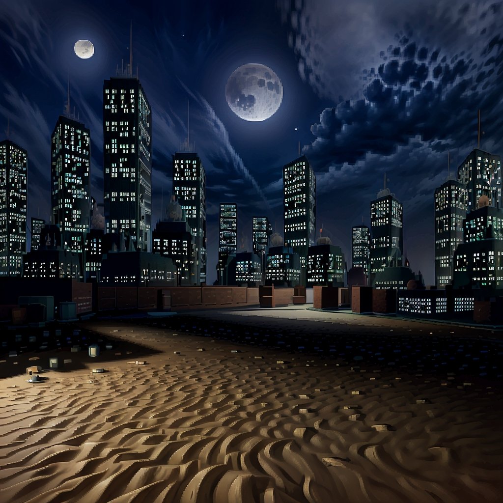 city, night, moon, sky, sand,