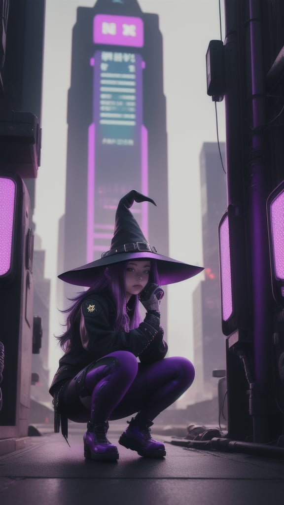 best quality, masterpiece, (detailed:1.2), 1girl, mona, squatting, cutesie, witch hat, science fiction, cyberpunk, purple hair, chromatic aberration, outdoors, city, crowd, faceless crowd","wallpaper, 1boy, solo, male focus, tattoo, monochrome, cyberpunk, (chromatic aberration), detailed background, mechanical parts, cable, indoors