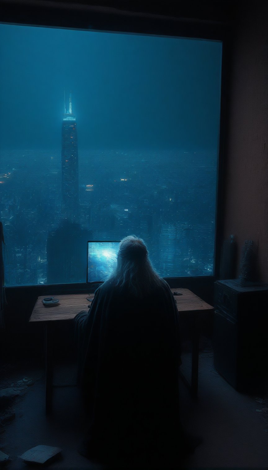 A homeless person who sits at a wooden table in front of a square black monitor and it generates images of a futuristic city, there is a dark system unit on the floor, he has long gray hair with a gray beard of about 55 years old, he is dressed in a dark brown wizard's cape, the environment is a typical homeless person's home, a semi-dump, in the open wall you can see a bright futuristic night city.